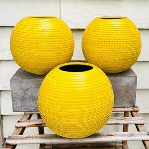THREE Crate and Barrel Leather Spiral Wrapped Vase 6" Tall/ Wide Mustard Yellow